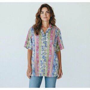 TanJay Floral Striped Button-Up Short Sleeve Shirt Womens Size XL
